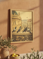 Pigeons European City Architecture Art art print shown in a terracotta rustic setting