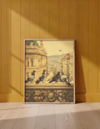 Pigeons European City Architecture Art art print shown in a yellow wall setting