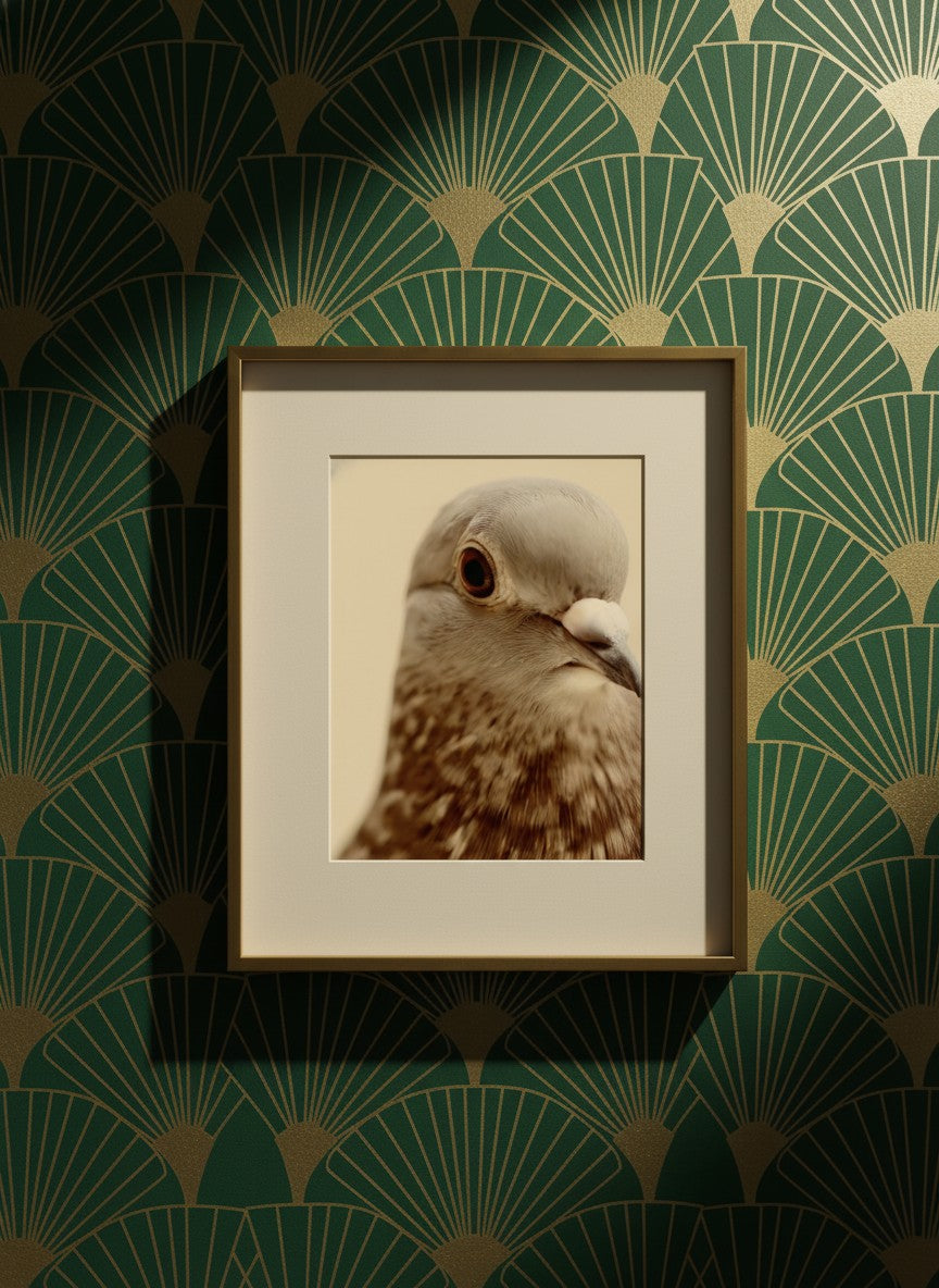 Pigeon Portrait Close Up Photo art print shown in a art deco geometric setting