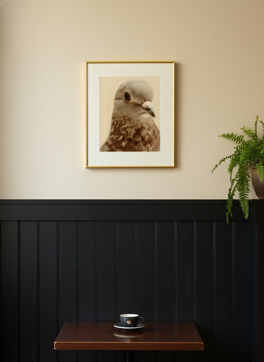 Pigeon Portrait Close Up Photo art print shown in a black wainscoting gold setting