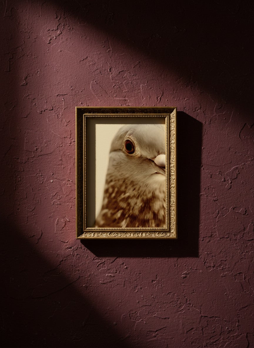 Pigeon Portrait Close Up Photo art print shown in a burgundy brass setting