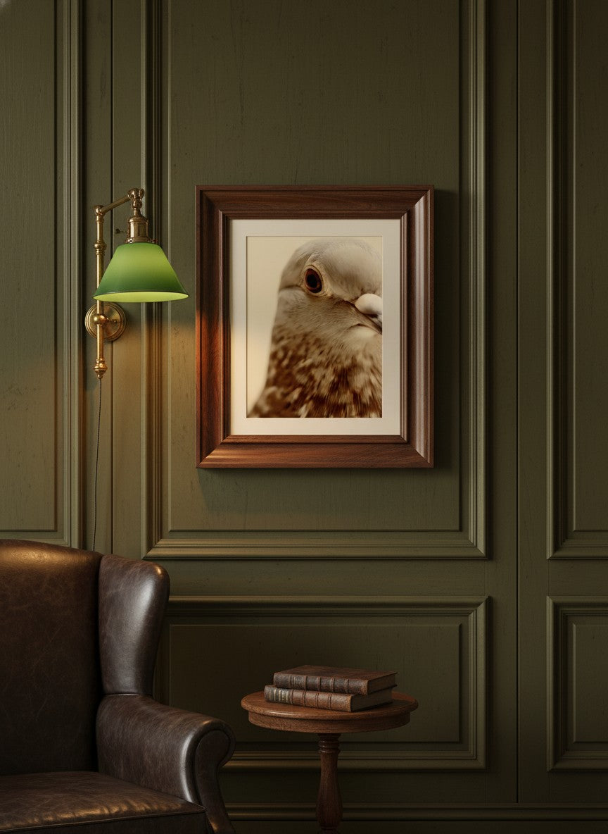 Pigeon Portrait Close Up Photo art print shown in a dark olive study setting