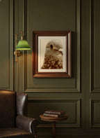 Pigeon Portrait Close Up Photo art print shown in a dark olive study setting