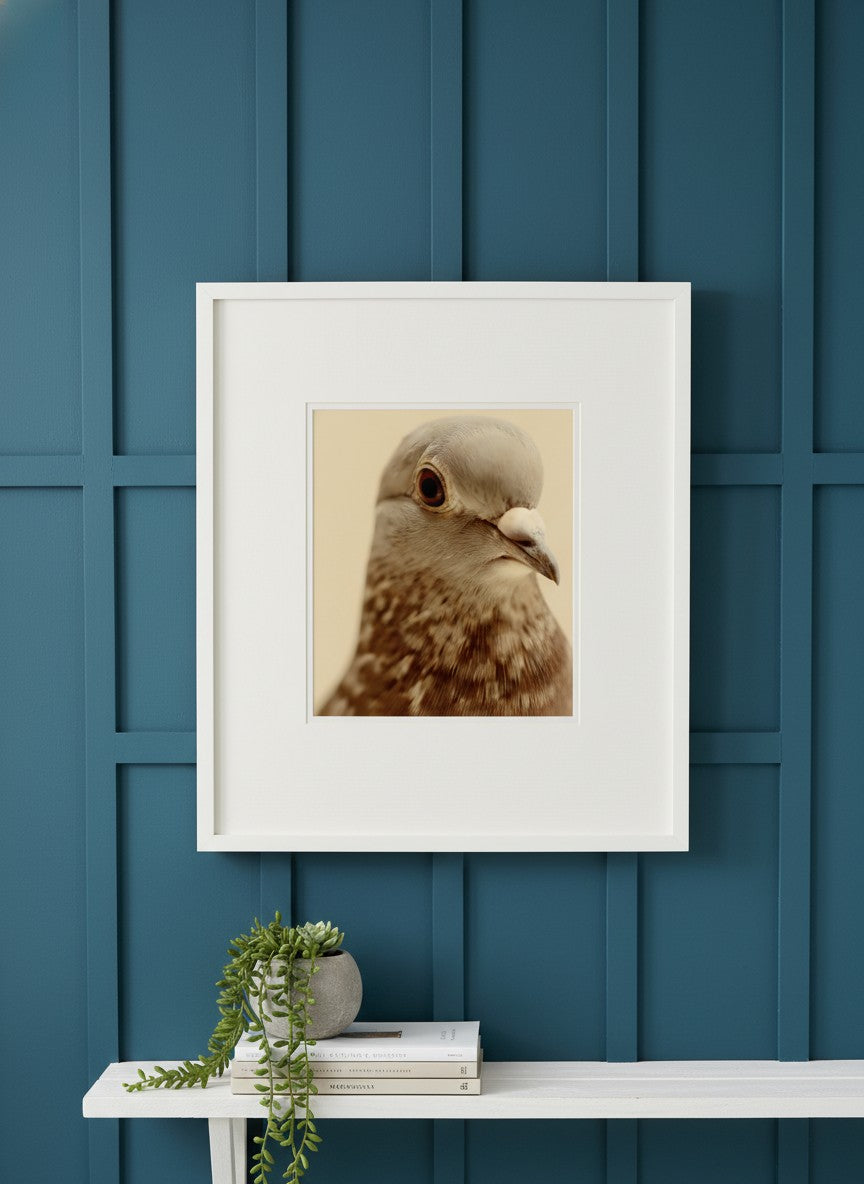 Pigeon Portrait Close Up Photo art print shown in a deep teal modern setting