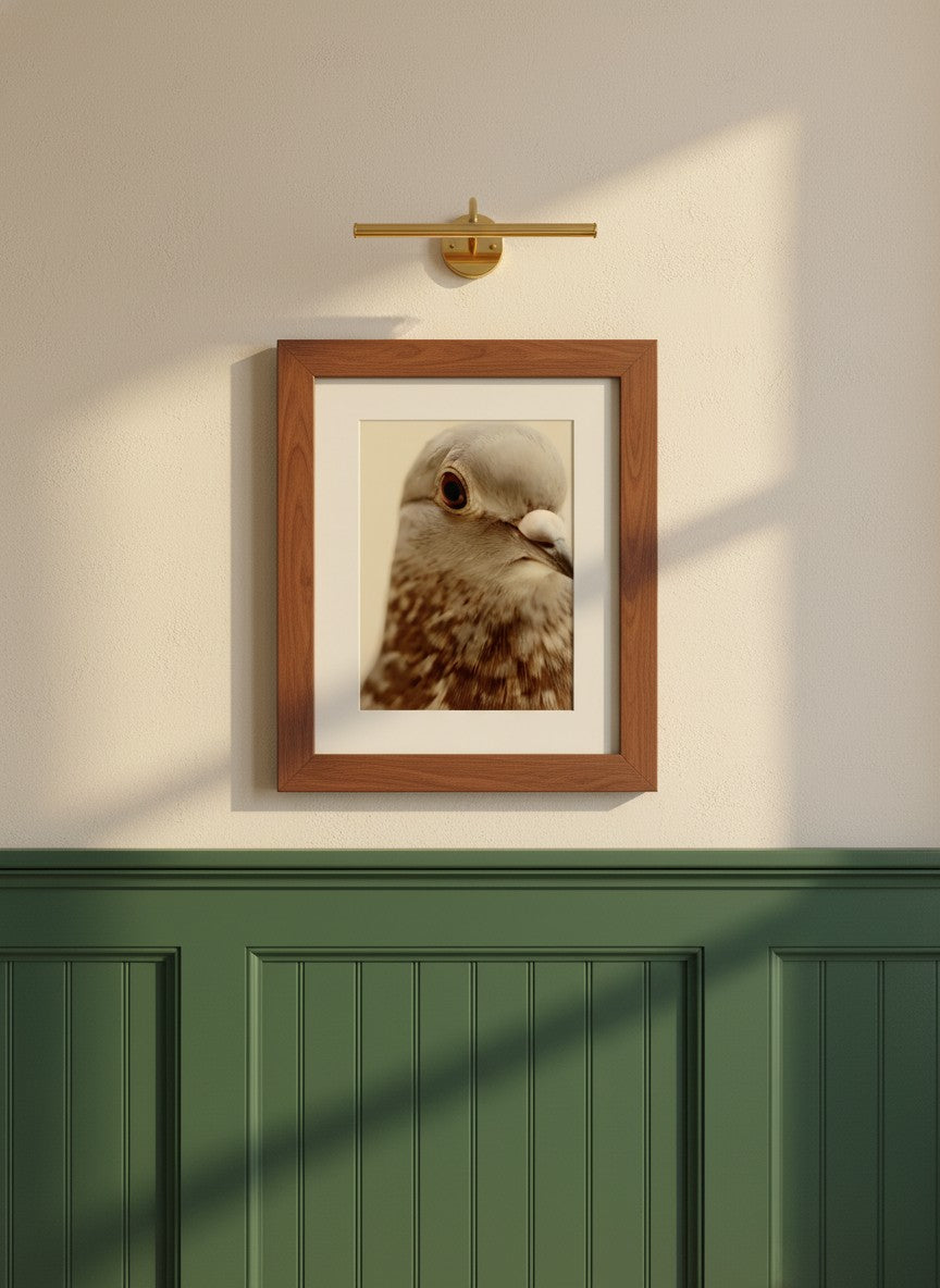 Pigeon Portrait Close Up Photo art print shown in a forest green walnut setting