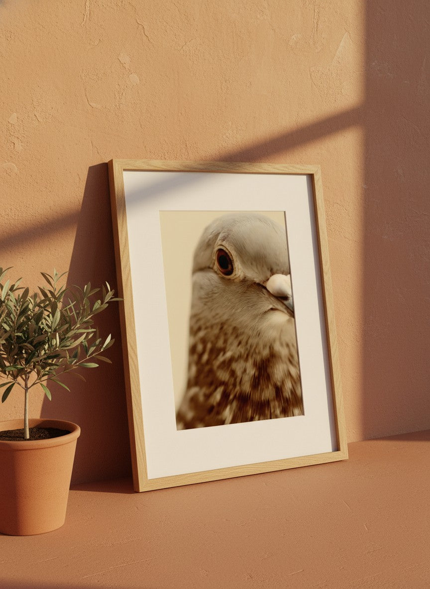 Pigeon Portrait Close Up Photo art print shown in a terracotta rustic setting