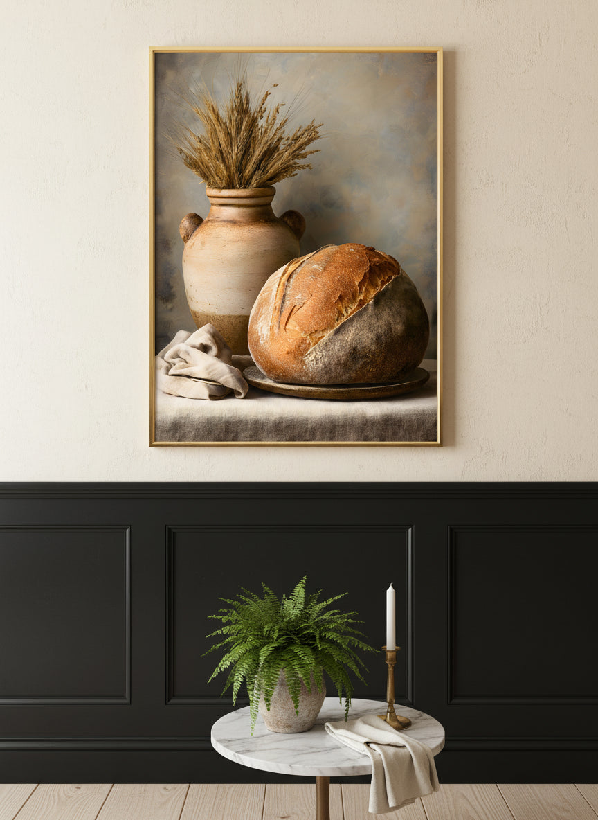 Rustic Bread Still Life Art art print shown in a black wainscoting gold setting