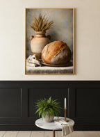 Rustic Bread Still Life Art art print shown in a black wainscoting gold setting