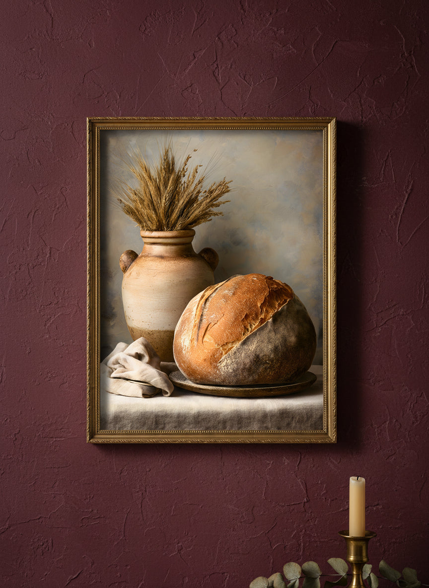 Rustic Bread Still Life Art art print shown in a burgundy brass setting