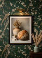 Rustic Bread Still Life Art art print shown in a chinoiserie moody setting