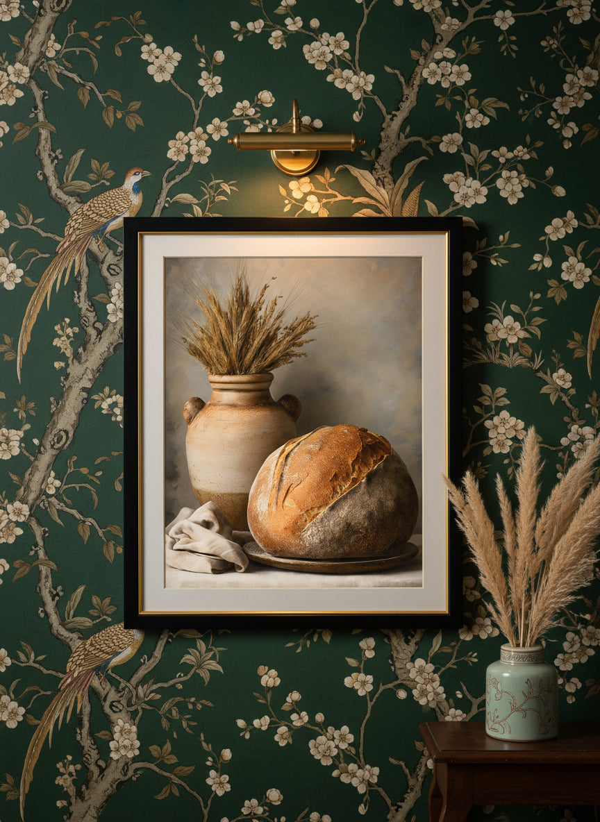 Rustic Bread Still Life Art art print shown in a chinoiserie moody setting