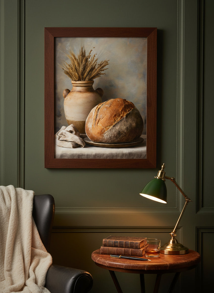 Rustic Bread Still Life Art art print shown in a dark olive study setting