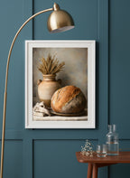 Rustic Bread Still Life Art art print shown in a deep teal modern setting
