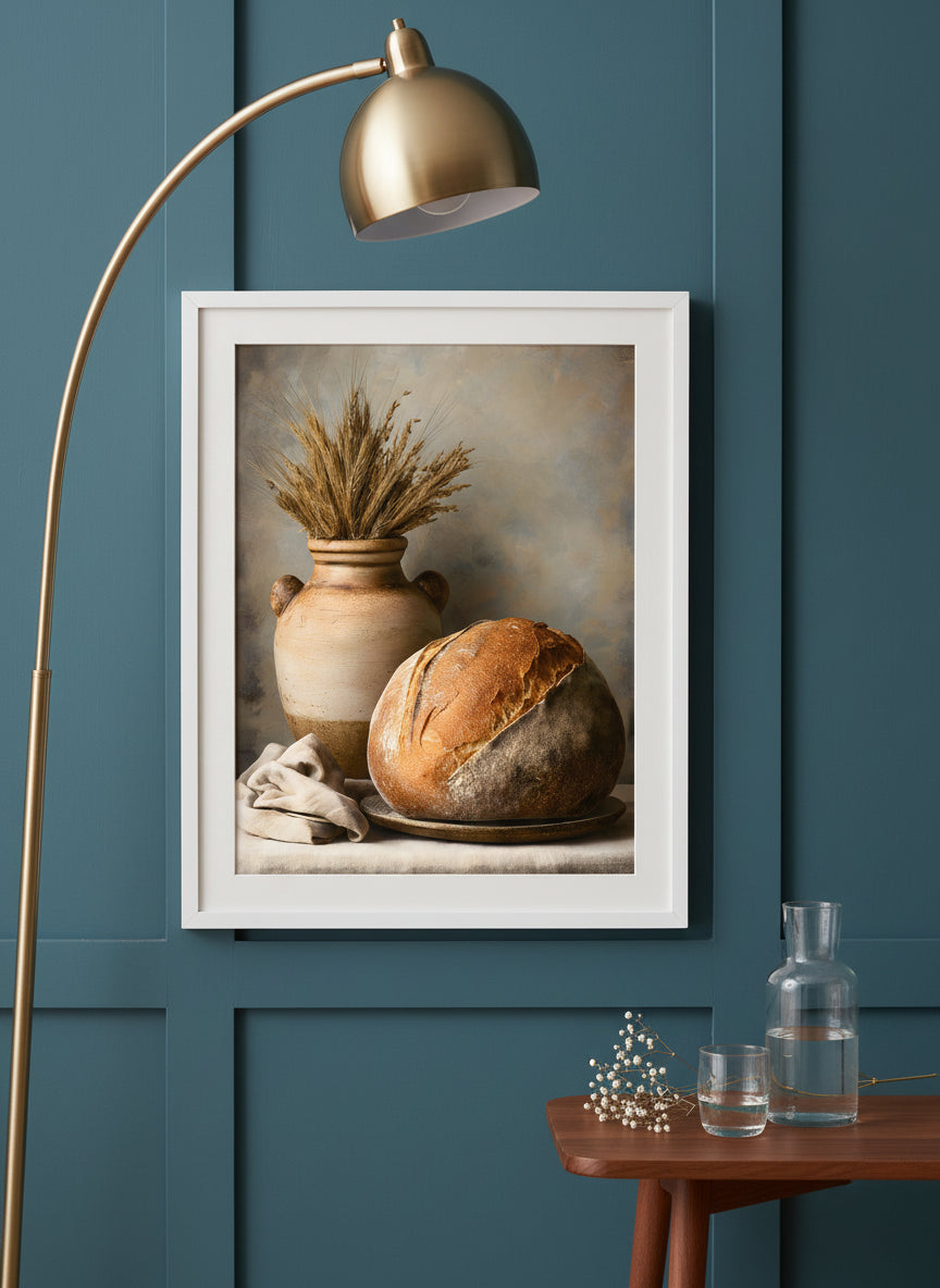 Rustic Bread Still Life Art art print shown in a deep teal modern setting
