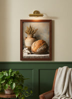Rustic Bread Still Life Art art print shown in a forest green walnut setting
