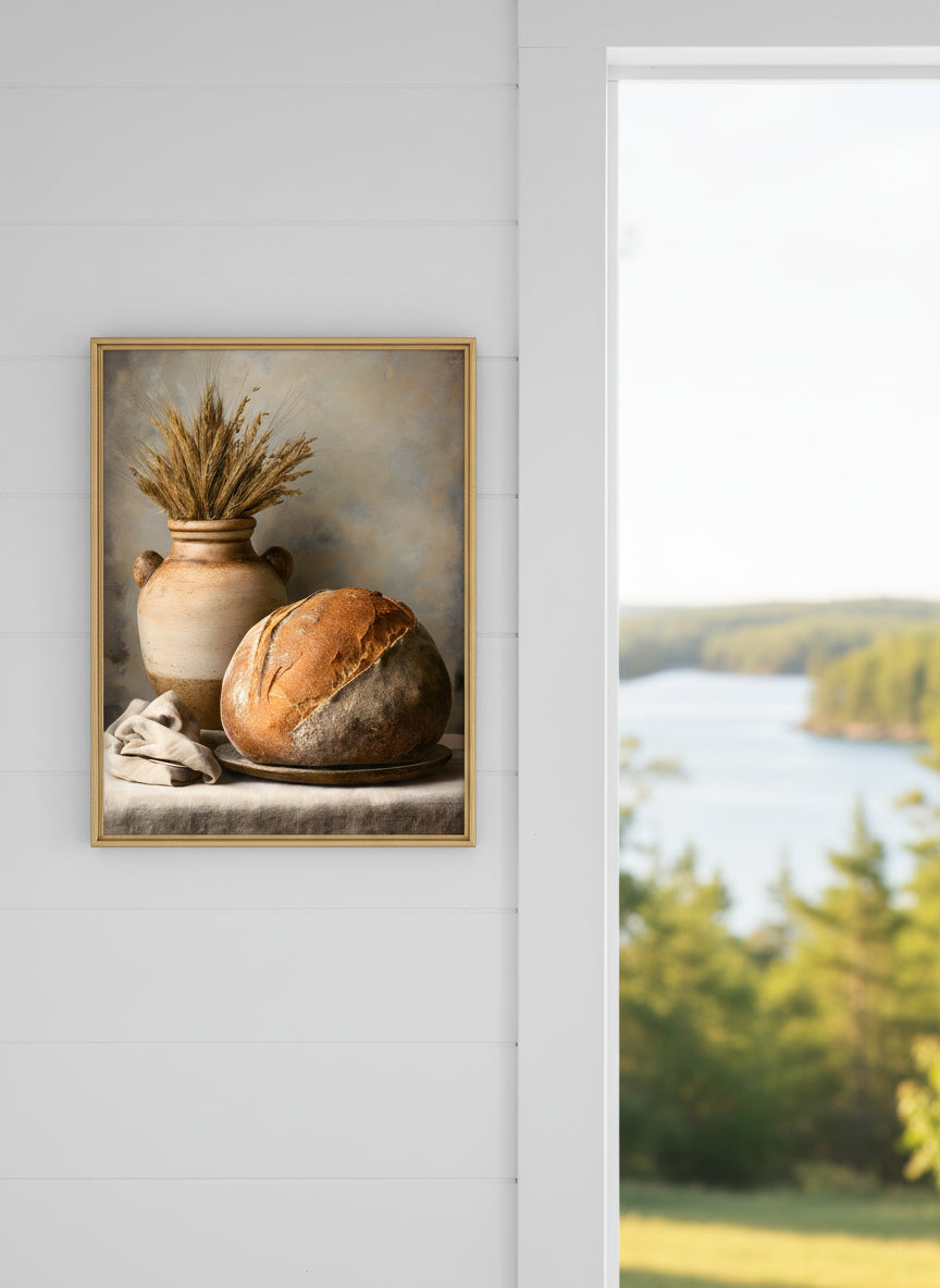 Rustic Bread Still Life Art art print shown in a shiplap blurred view setting