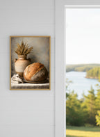 Rustic Bread Still Life Art art print shown in a shiplap blurred view setting