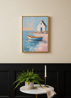 Coastal Cottage Rowboat Painting art print shown in a black wainscoting gold setting