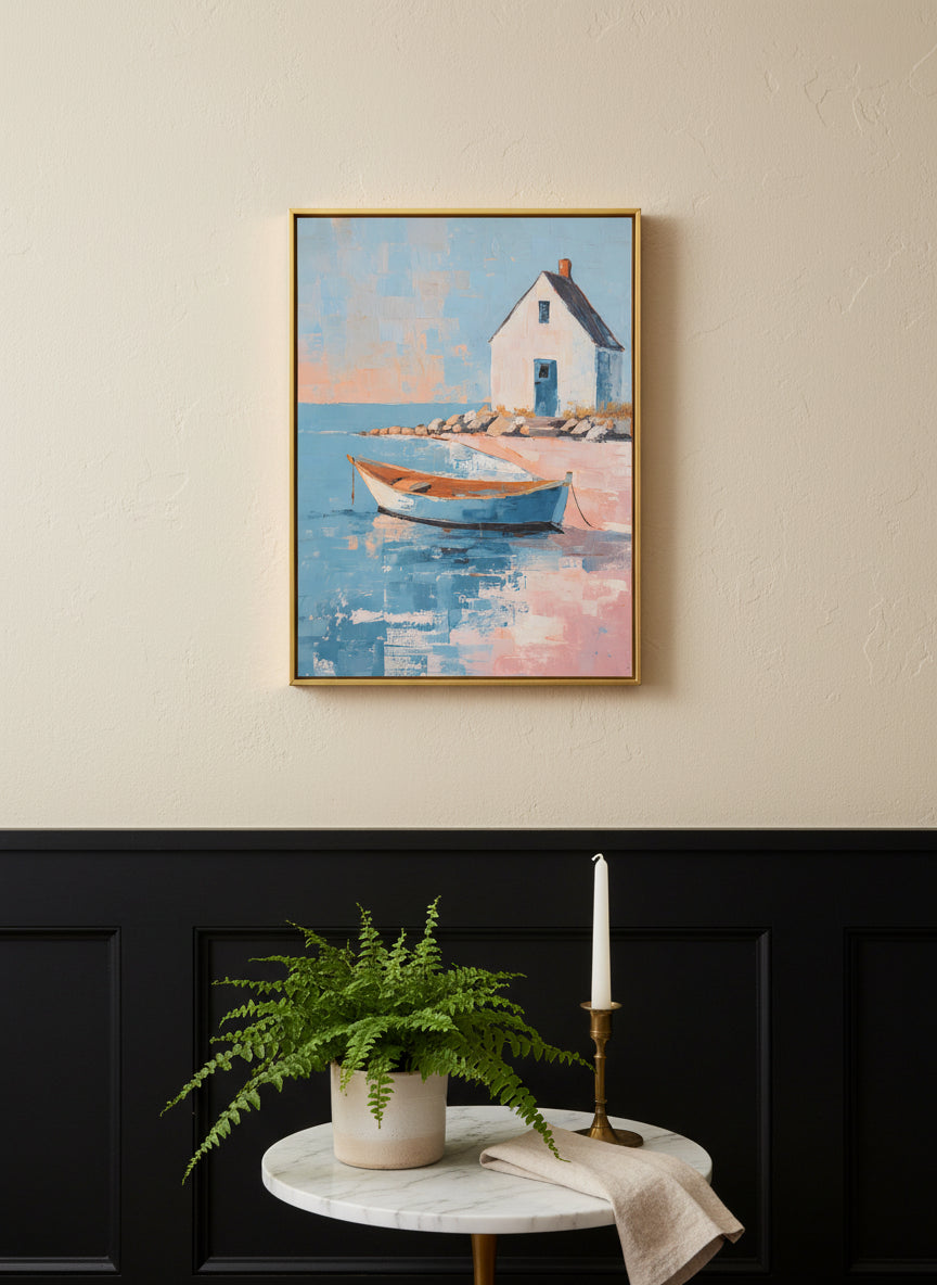 Coastal Cottage Rowboat Painting art print shown in a black wainscoting gold setting