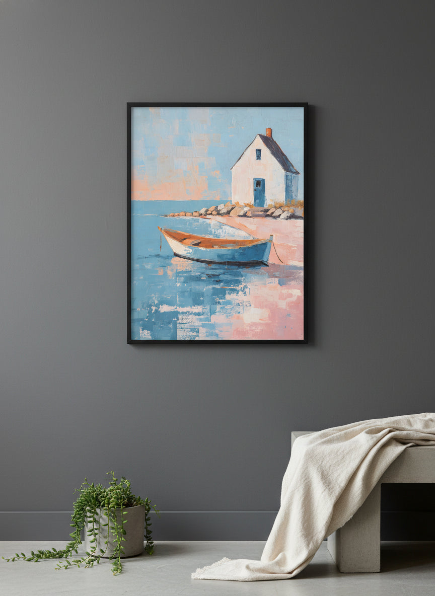 Coastal Cottage Rowboat Painting art print shown in a charcoal minimal black setting