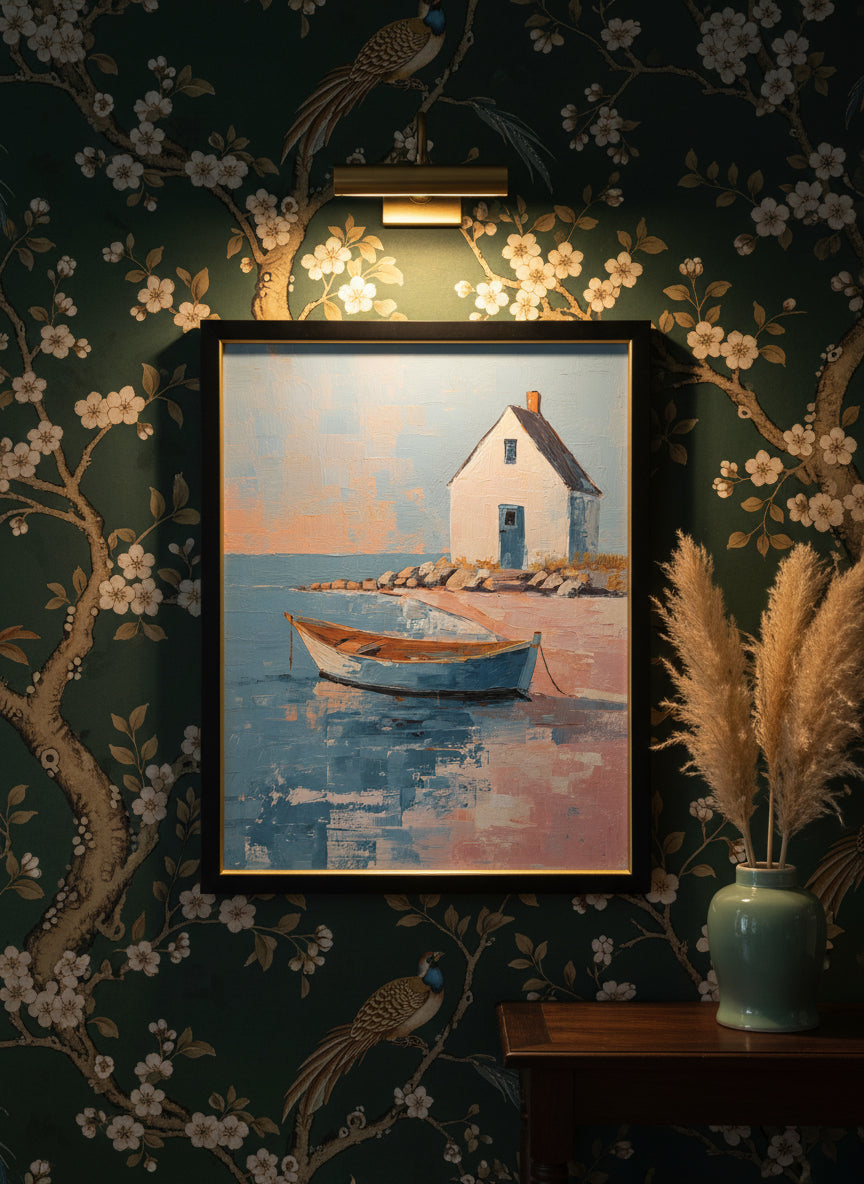 Coastal Cottage Rowboat Painting art print shown in a chinoiserie moody setting