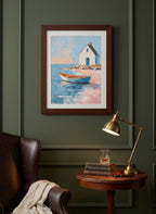 Coastal Cottage Rowboat Painting art print shown in a dark olive study setting