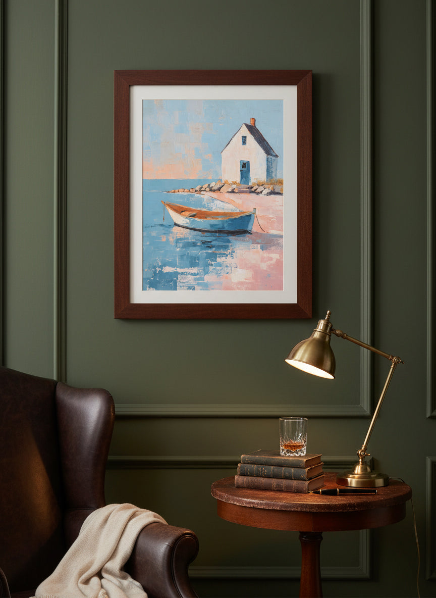 Coastal Cottage Rowboat Painting art print shown in a dark olive study setting