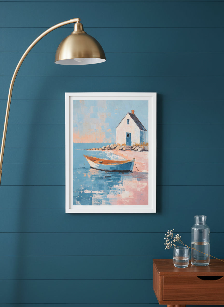 Coastal Cottage Rowboat Painting art print shown in a deep teal modern setting