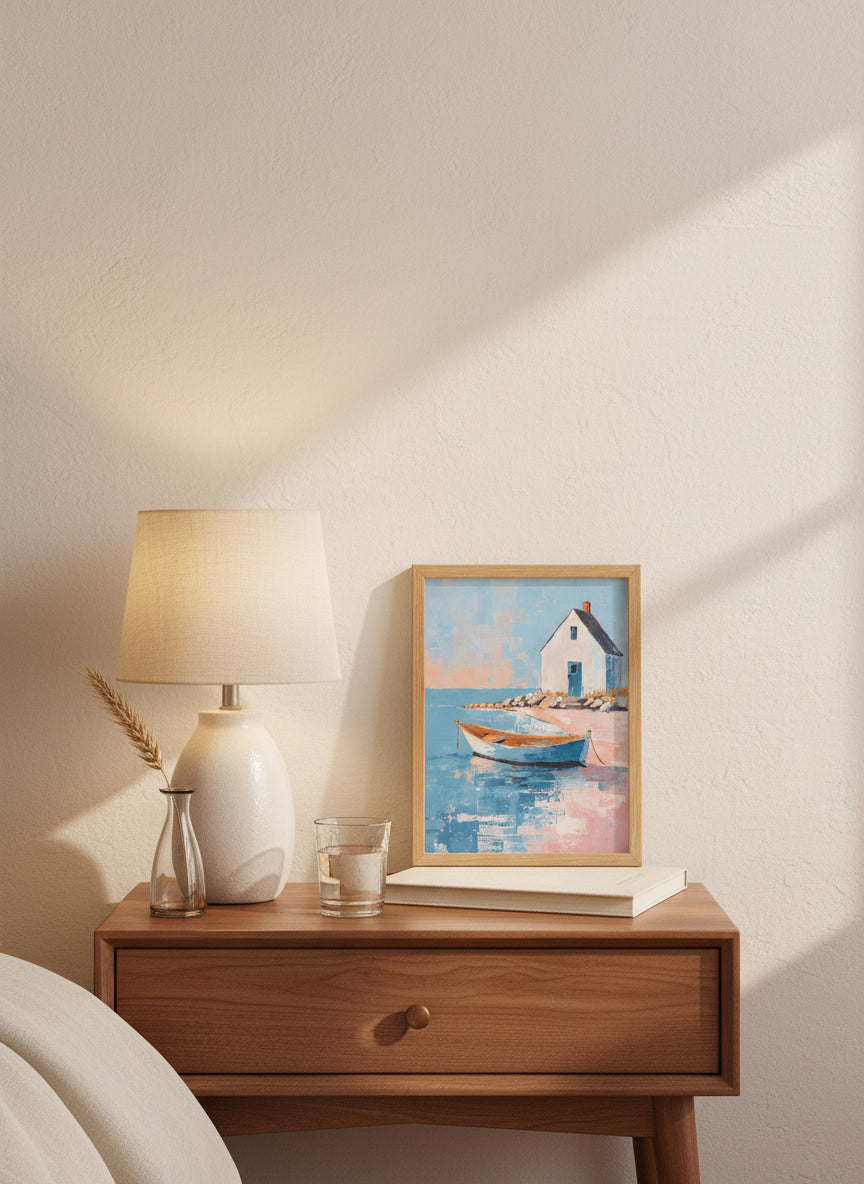 Coastal Cottage Rowboat Painting art print shown in a small bedside oak setting