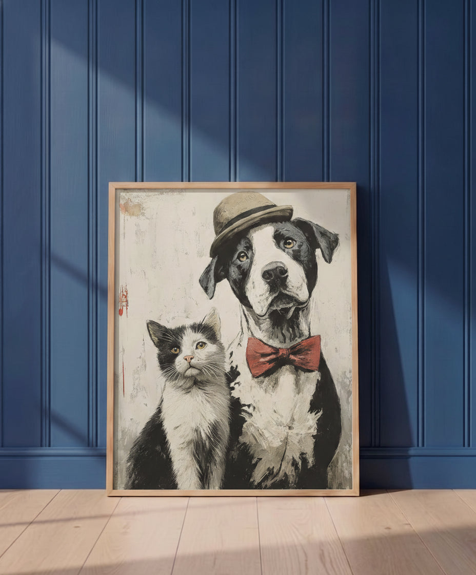 Noir Alley Gentlemen Art art print shown in a blue wall paneled setting