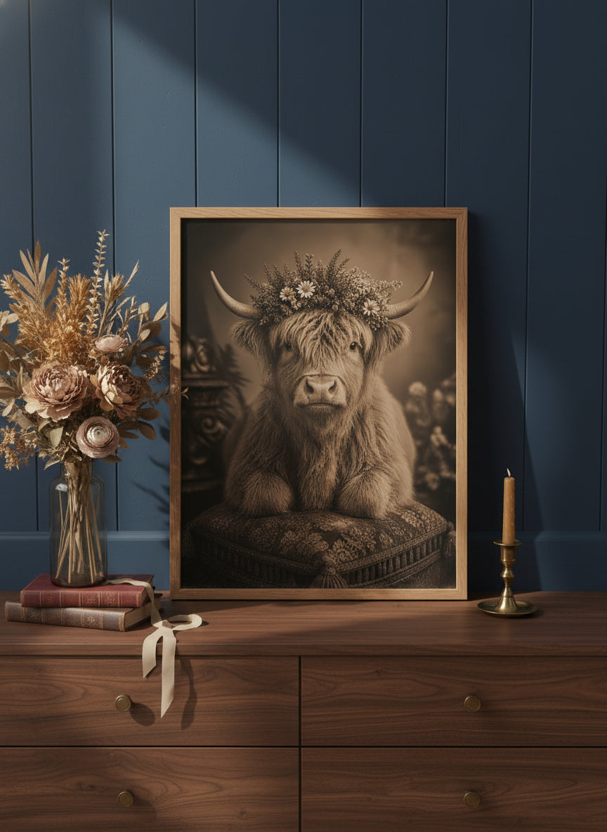 Highland Cow Floral Portrait art print shown in a dresser dried florals setting