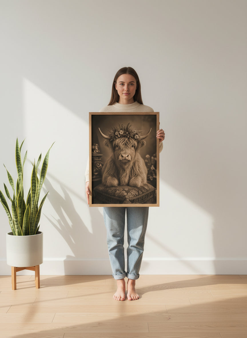 Highland Cow Floral Portrait art print shown in a person holding bright setting