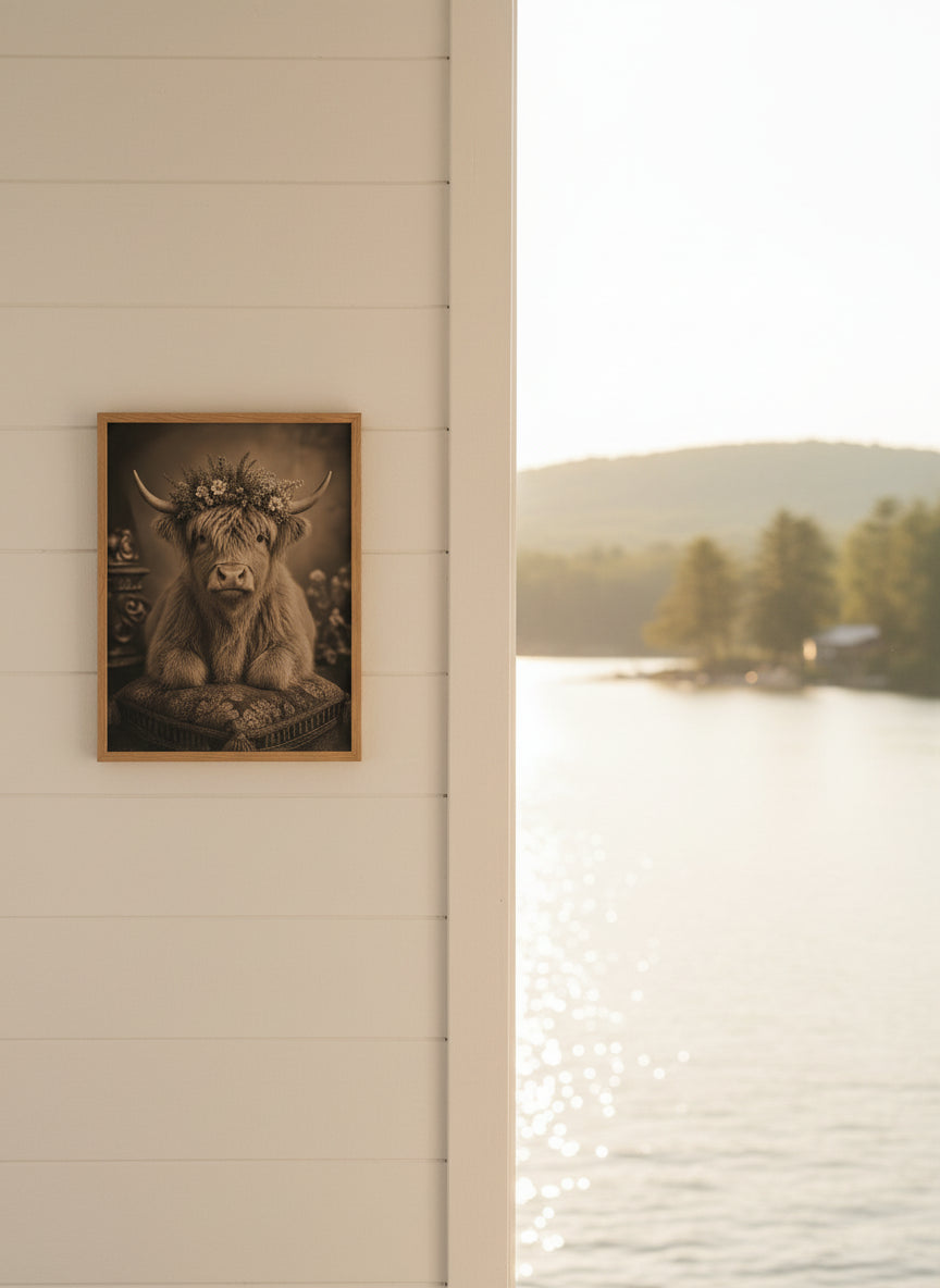Highland Cow Floral Portrait art print shown in a shiplap blurred view setting