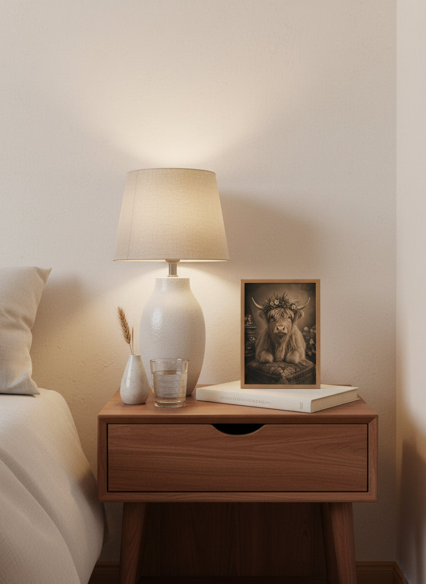 Highland Cow Floral Portrait art print shown in a small bedside oak setting