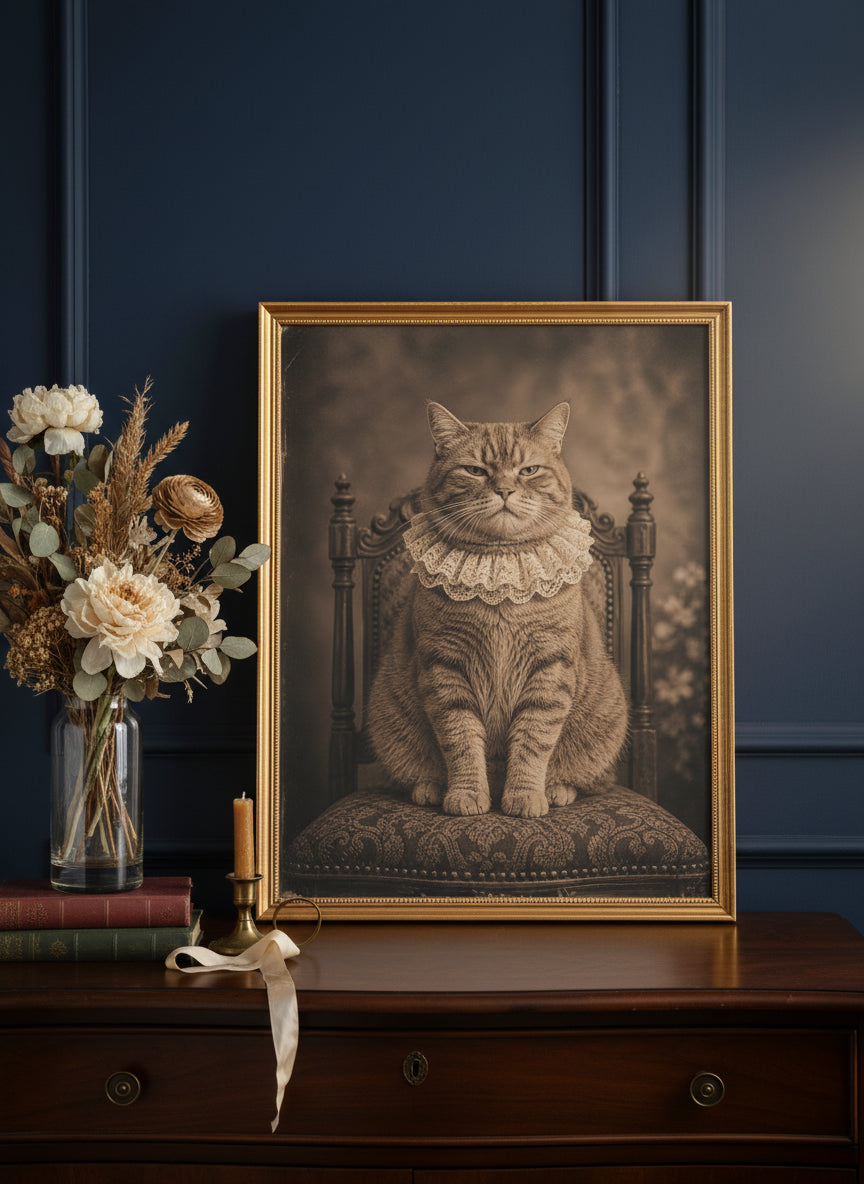 Victorian Portrait Cat Art art print shown in a dresser dried florals setting