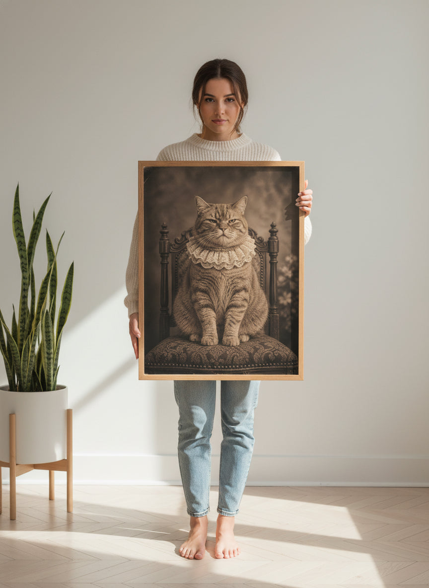 Victorian Portrait Cat Art art print shown in a person holding bright setting