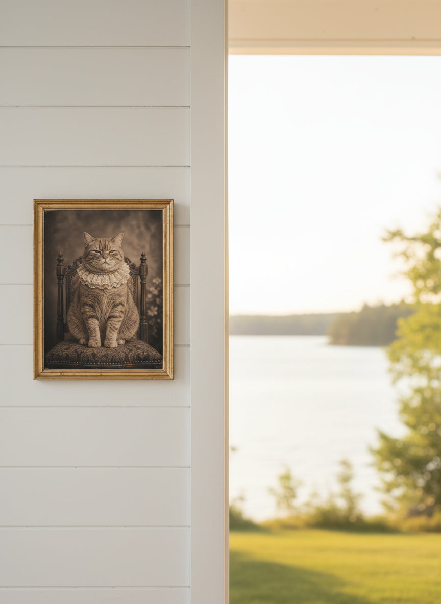 Victorian Portrait Cat Art art print shown in a shiplap blurred view setting