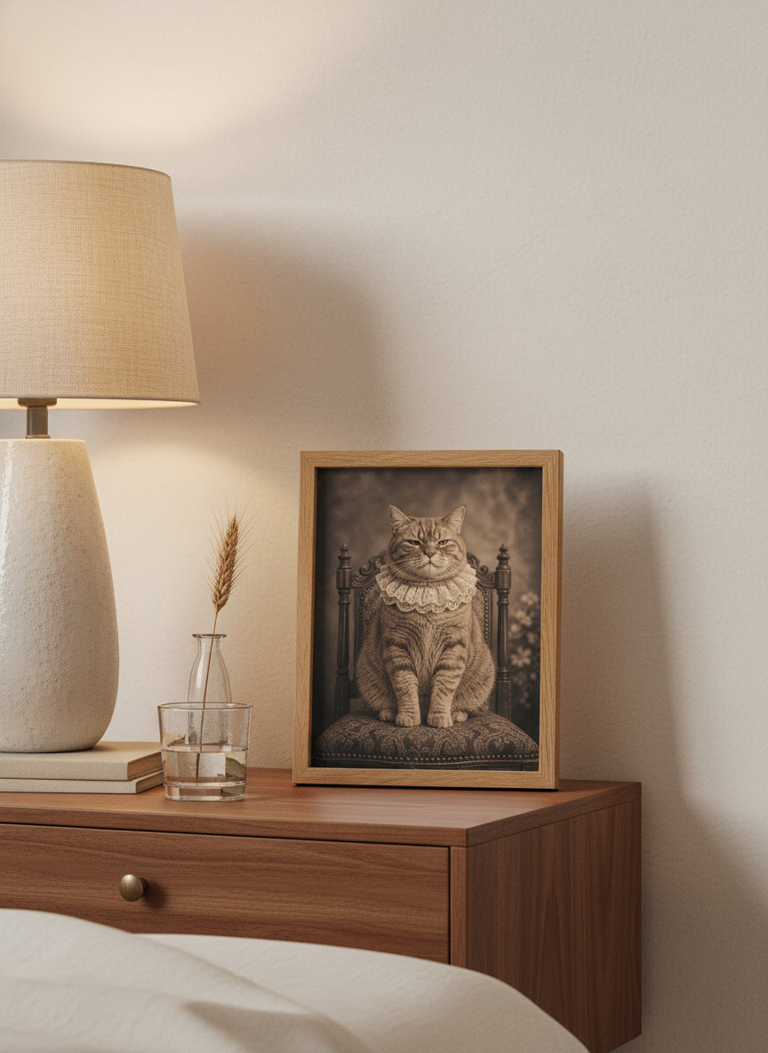 Victorian Portrait Cat Art art print shown in a small bedside oak setting