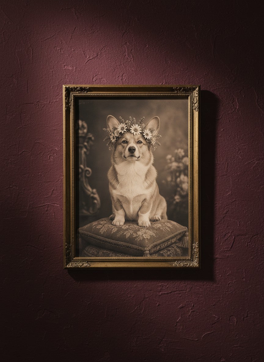 Vintage Corgi Flower Crown Portrait art print shown in a burgundy brass setting