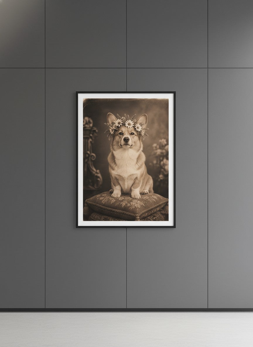 Vintage Corgi Flower Crown Portrait art print shown in a charcoal minimal black setting