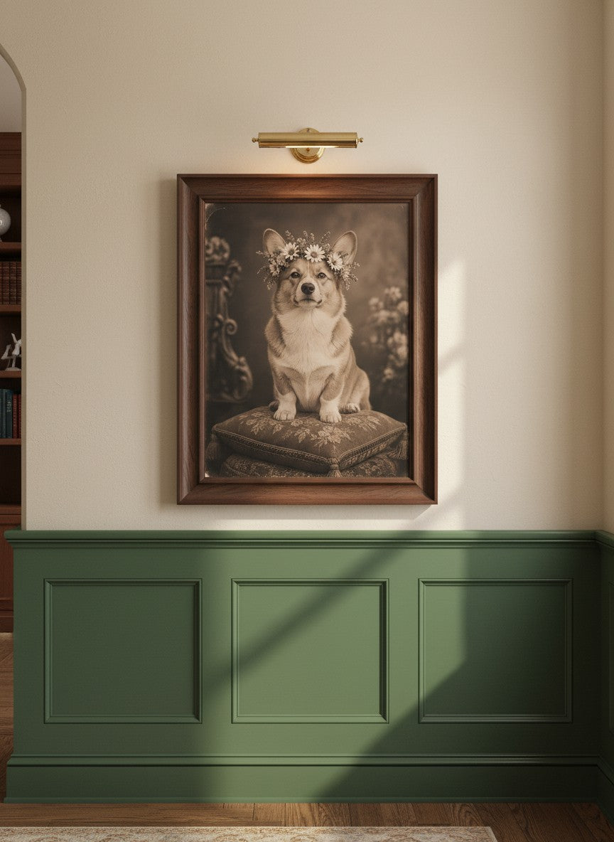 Vintage Corgi Flower Crown Portrait art print shown in a forest green walnut setting