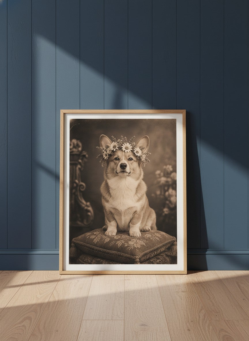 Vintage Corgi Flower Crown Portrait art print