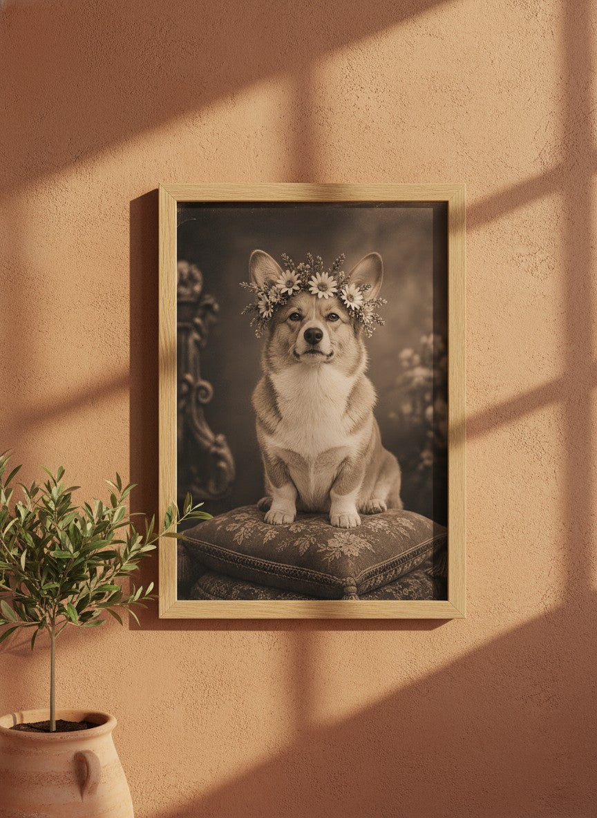 Vintage Corgi Flower Crown Portrait art print shown in a terracotta rustic setting