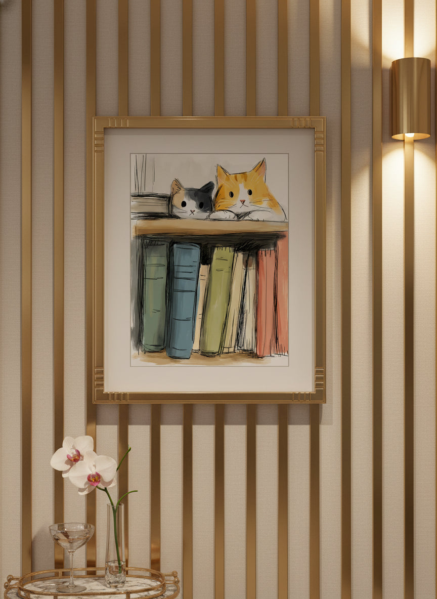 Cats On Bookshelf Art art print shown in a art deco geometric setting