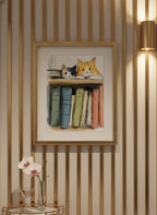Cats On Bookshelf Art art print shown in a art deco geometric setting