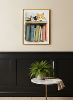 Cats On Bookshelf Art art print shown in a black wainscoting gold setting