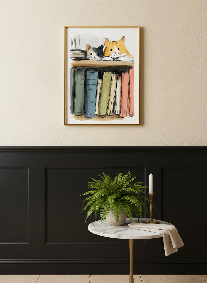 Cats On Bookshelf Art art print shown in a black wainscoting gold setting