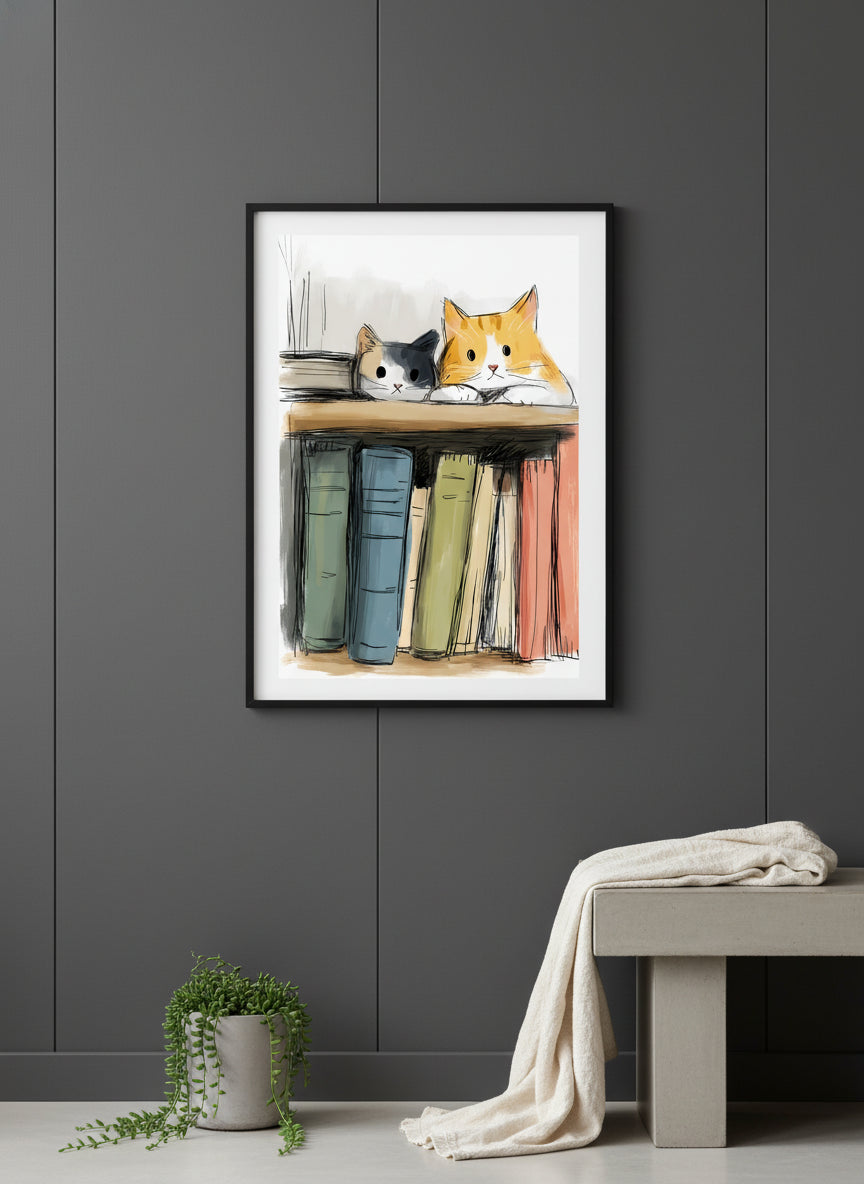 Cats On Bookshelf Art art print shown in a charcoal minimal black setting