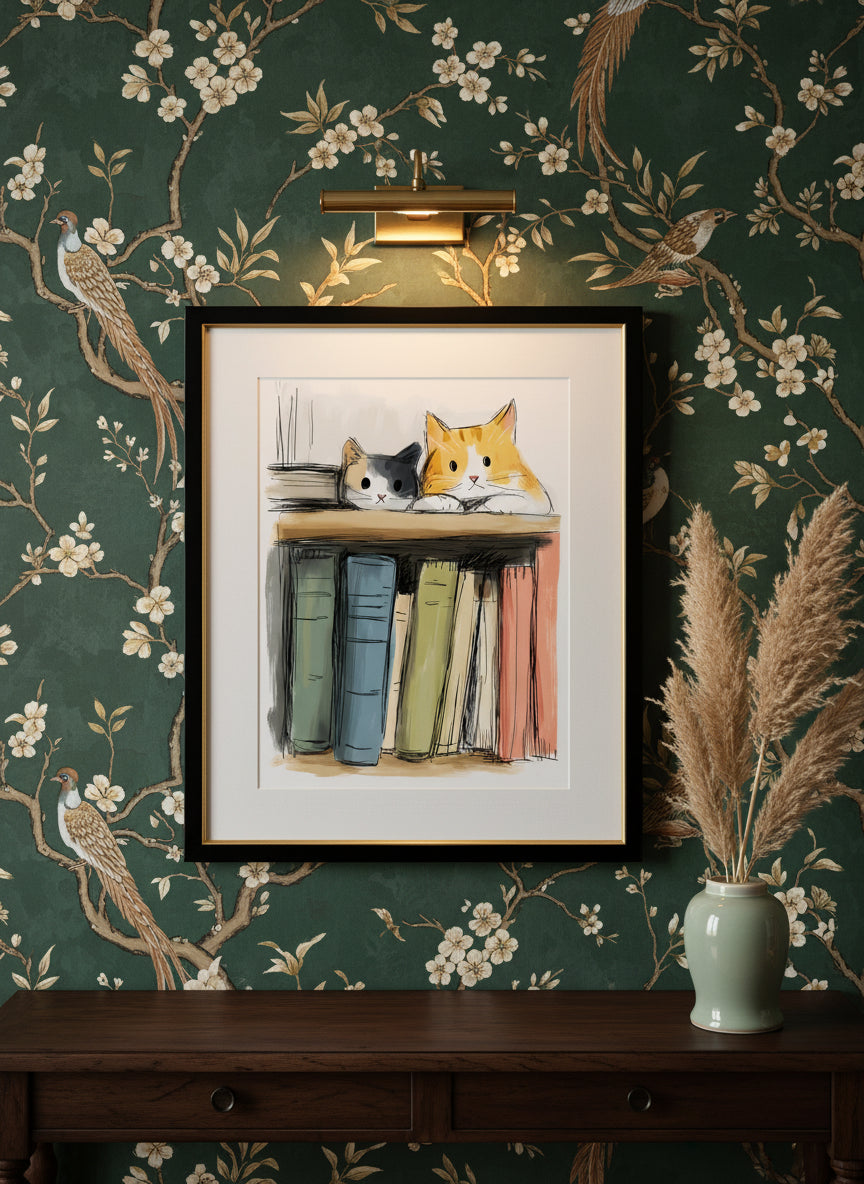 Cats On Bookshelf Art art print shown in a chinoiserie moody setting