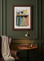 Cats On Bookshelf Art art print shown in a dark olive study setting